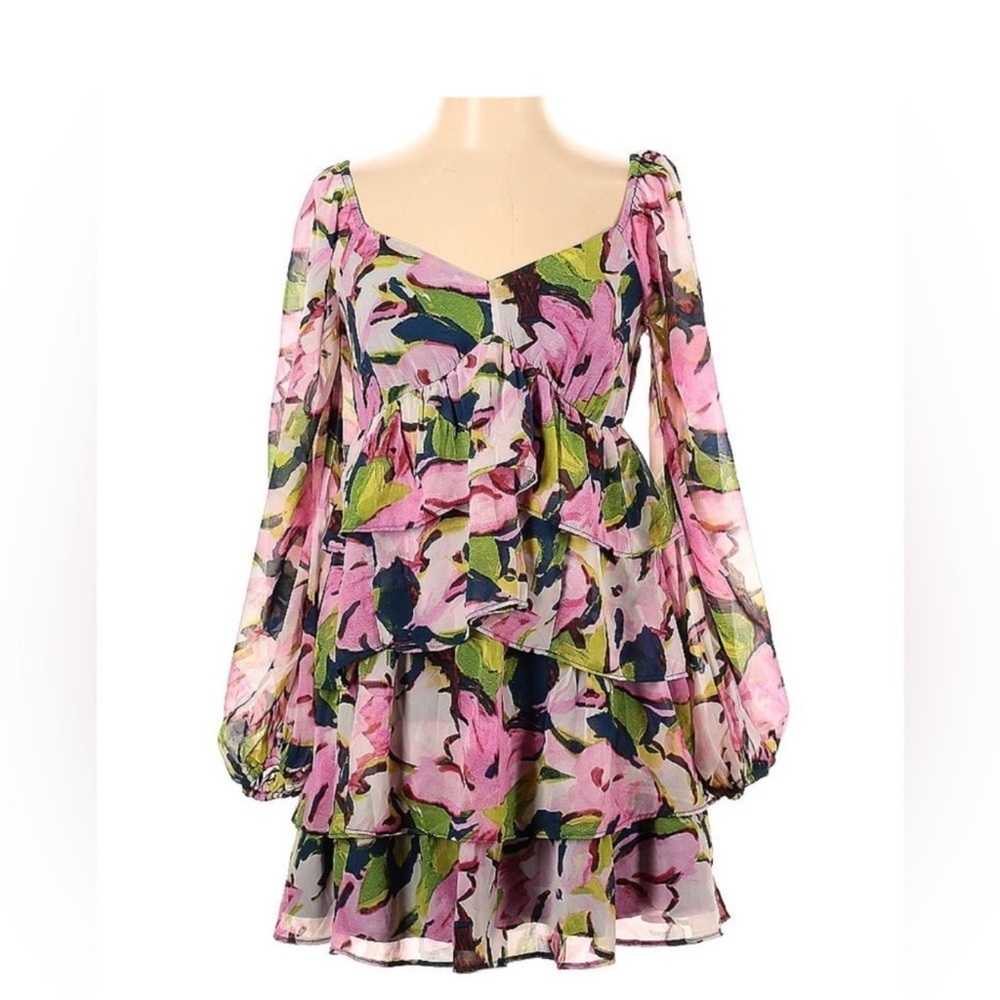 💐 NWT Abercrombie & Fitch Pink Floral Tiered Ruffle Mini Dress - Small - Picture 2 of 3